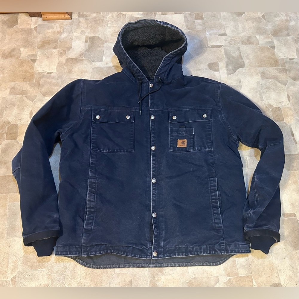 Carhartt J284 Sherpa-Lined Sandstone Hooded Work Jacket Navy, Size Large Regular